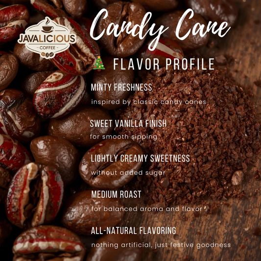 Candy Cane Flavored Coffee, flavor profile for Javalicious Coffee Beans and Grinds with coffee beans and candy canes.