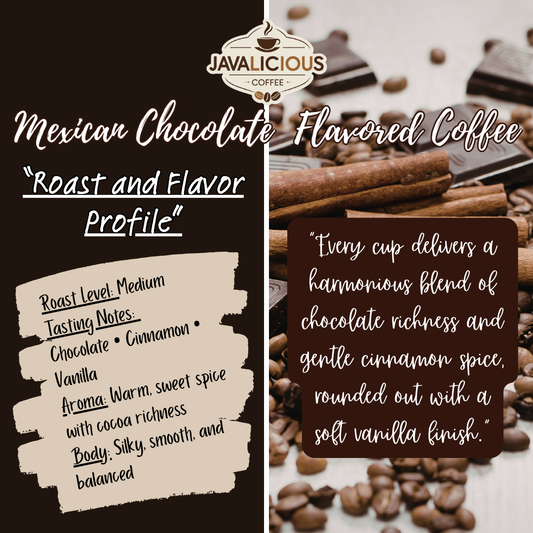 Javalicious Mexican Chocolate Flavored Coffee, Roasted and Flavor Profile