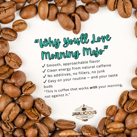 Coffee beans arranged in a heart pattern with promotional text for Javalicious Coffee.