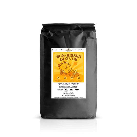 Javalicious Black coffee bag with a yellow sun-kissed blonde label, front packaging