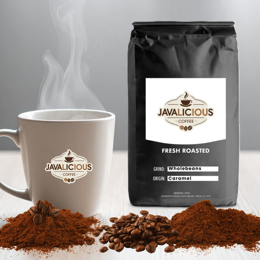 Javalicious Caramel Flavored Coffee bag, packaging, front side