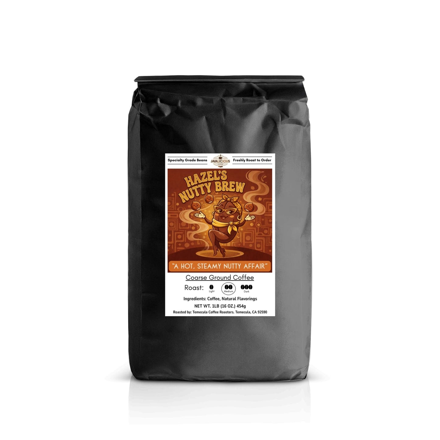 Javalicious Hazel's Nutty Brew Coarse Ground Coffee 1LB, Front Label Packaging