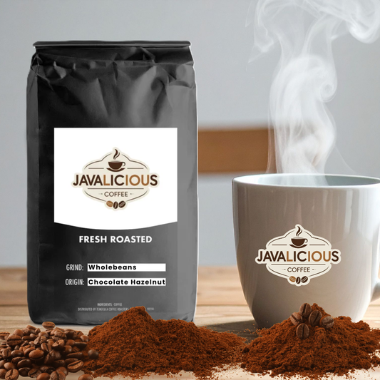 Javalicious Chocolate Hazelnut Flavored Coffee, Front Side Packaging