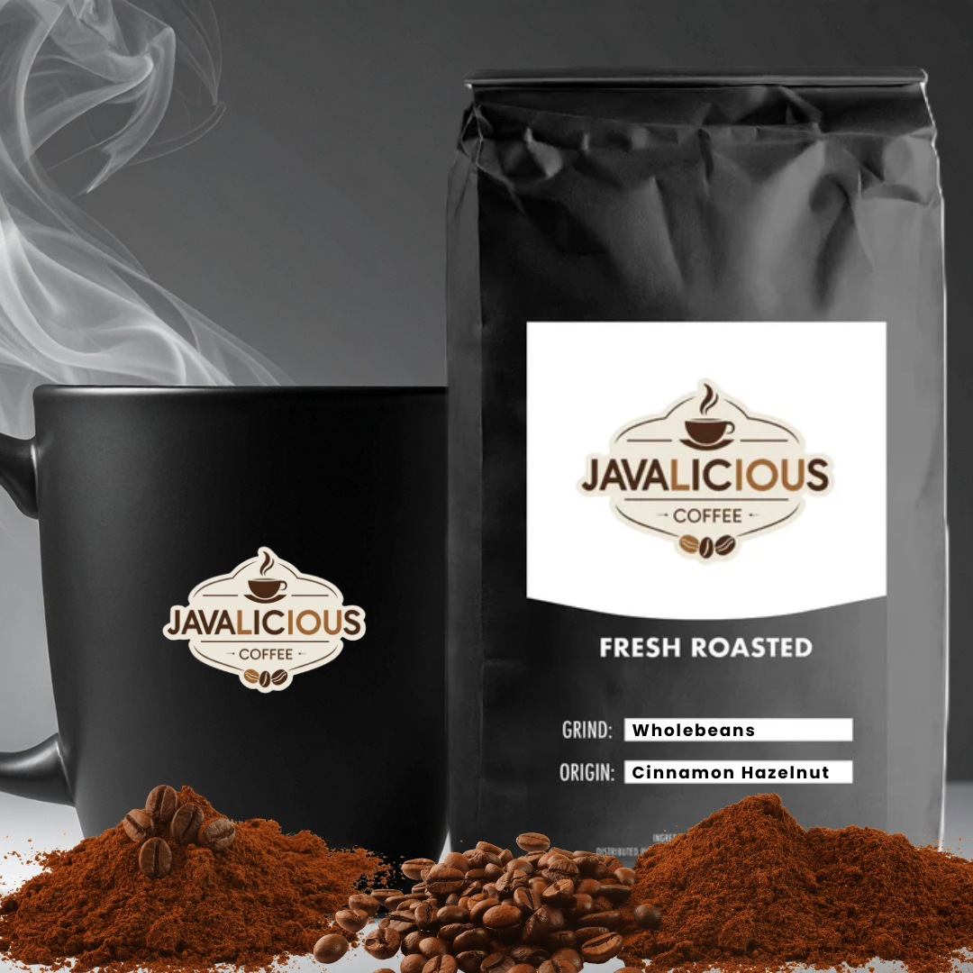 Javalicious Cinnamon Hazelnut Flavored Coffee, Front Side Packaging