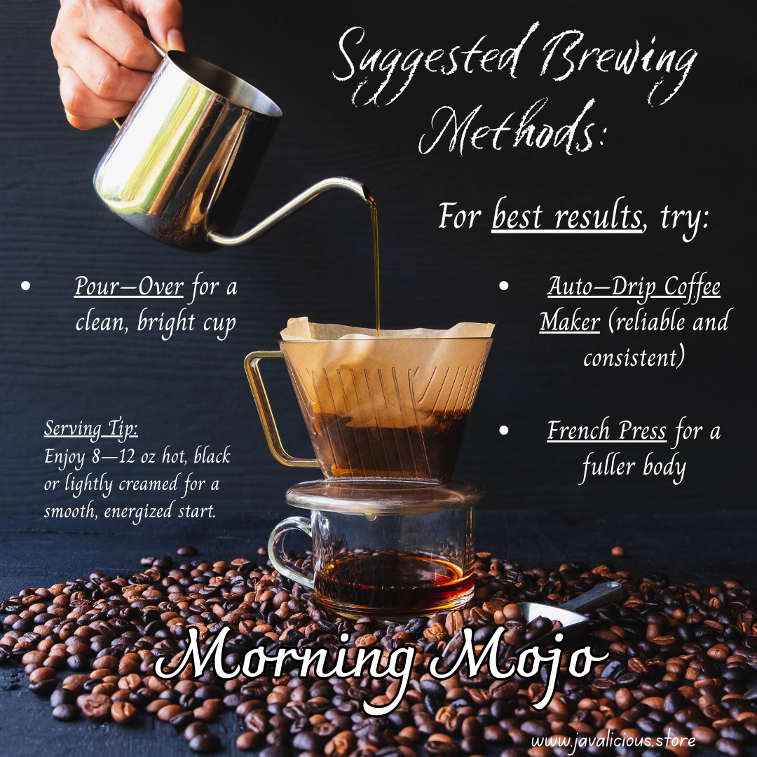 Javalicious Coffee brewing methods with a hand pouring coffee into a filter, surrounded by coffee beans.