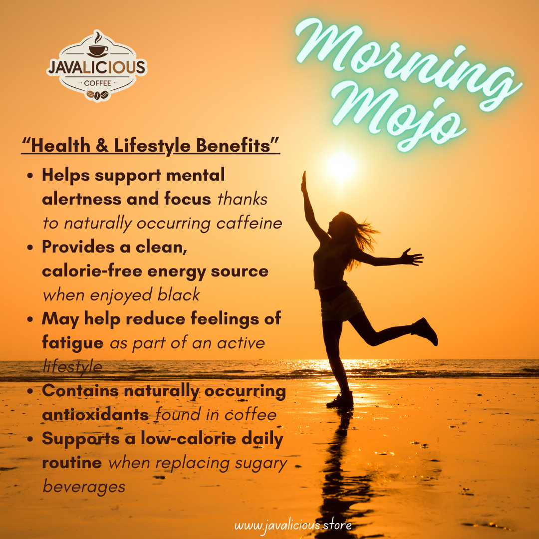 Person jumping on a beach with 'Morning Mojo' Health and Lifestyle Benefits text and Javalicious Coffee branding.