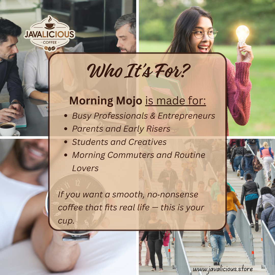Promotional graphic for Javalicious Coffee with text about target audience and product benefits.