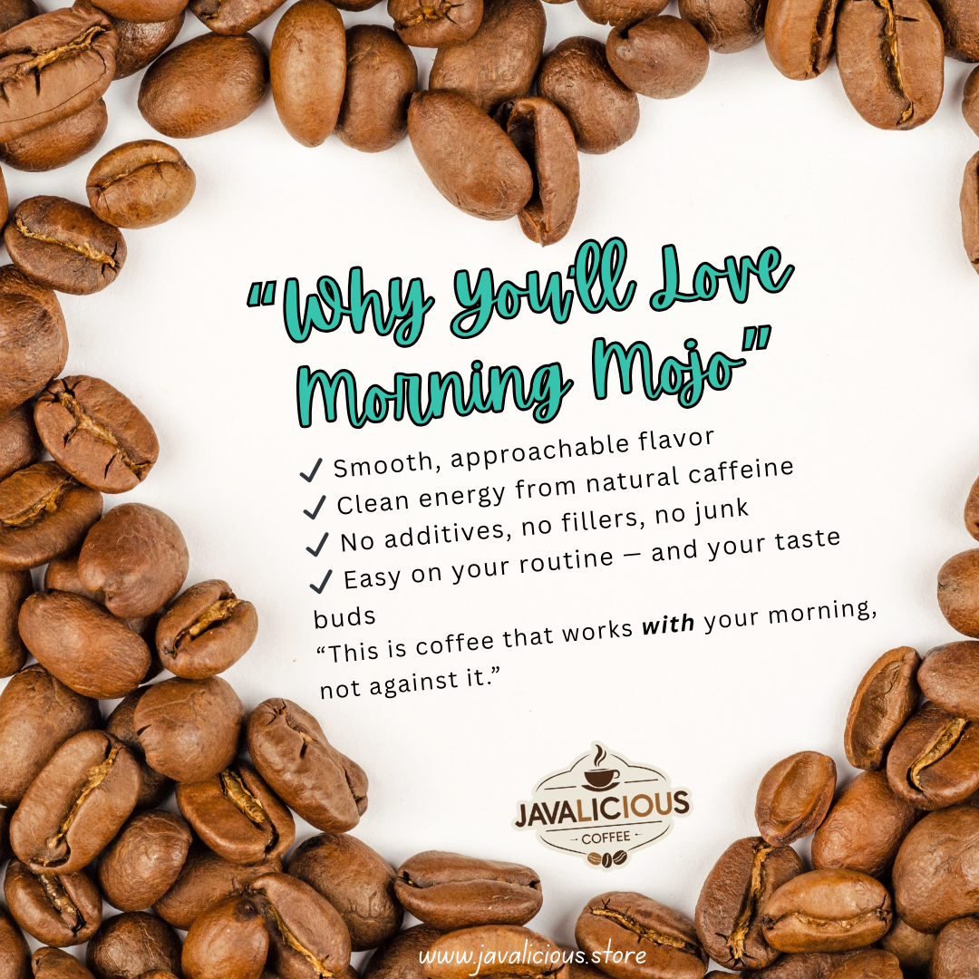 Coffee beans arranged in a heart pattern with promotional text for Javalicious Coffee.