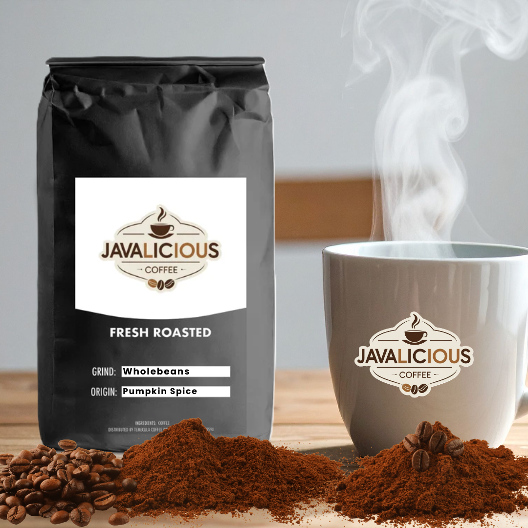 Javalicious Pumpkin Spice Flavored Coffee, Front Side Packaging