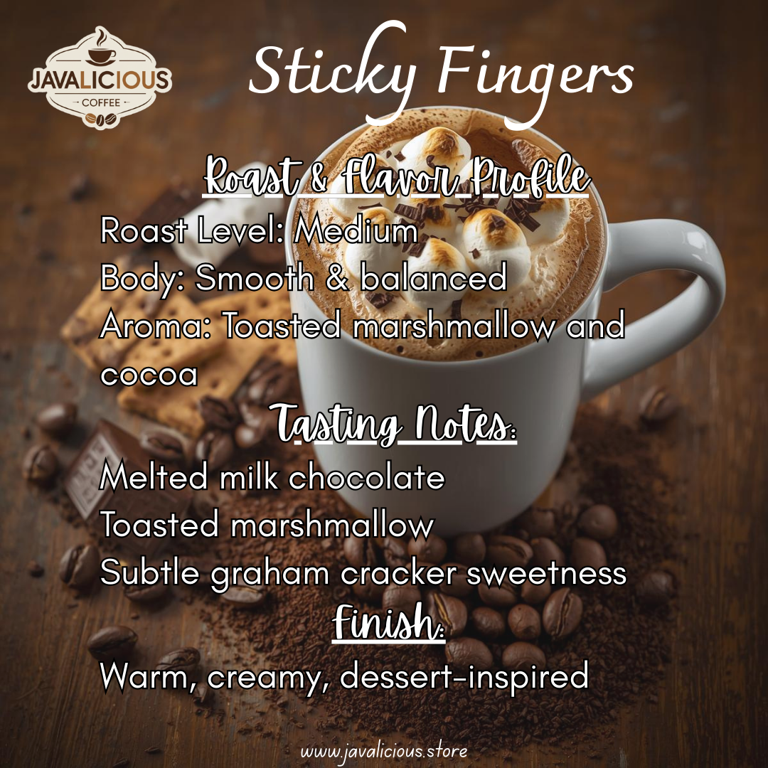 Javalicious Sticky Fingers coffee flavor profile with a cup of coffee and marshmallows on a wooden background.