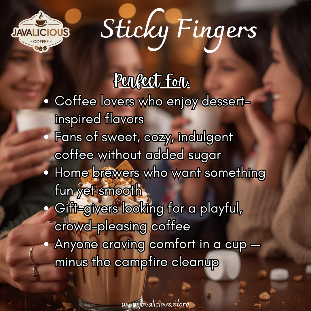 Javalicious Coffee's 'Sticky Fingers' with people enjoying coffee and a dessert, Who it is for
