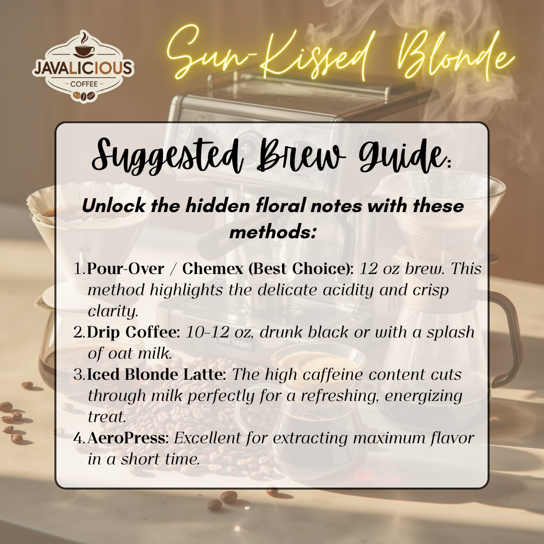 Suggested brew guide for 'Sun-Kissed Blonde' coffee with brewing methods and recommendations.