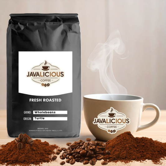 Javalicious Turtle Flavored Coffee, Front Side Packaging