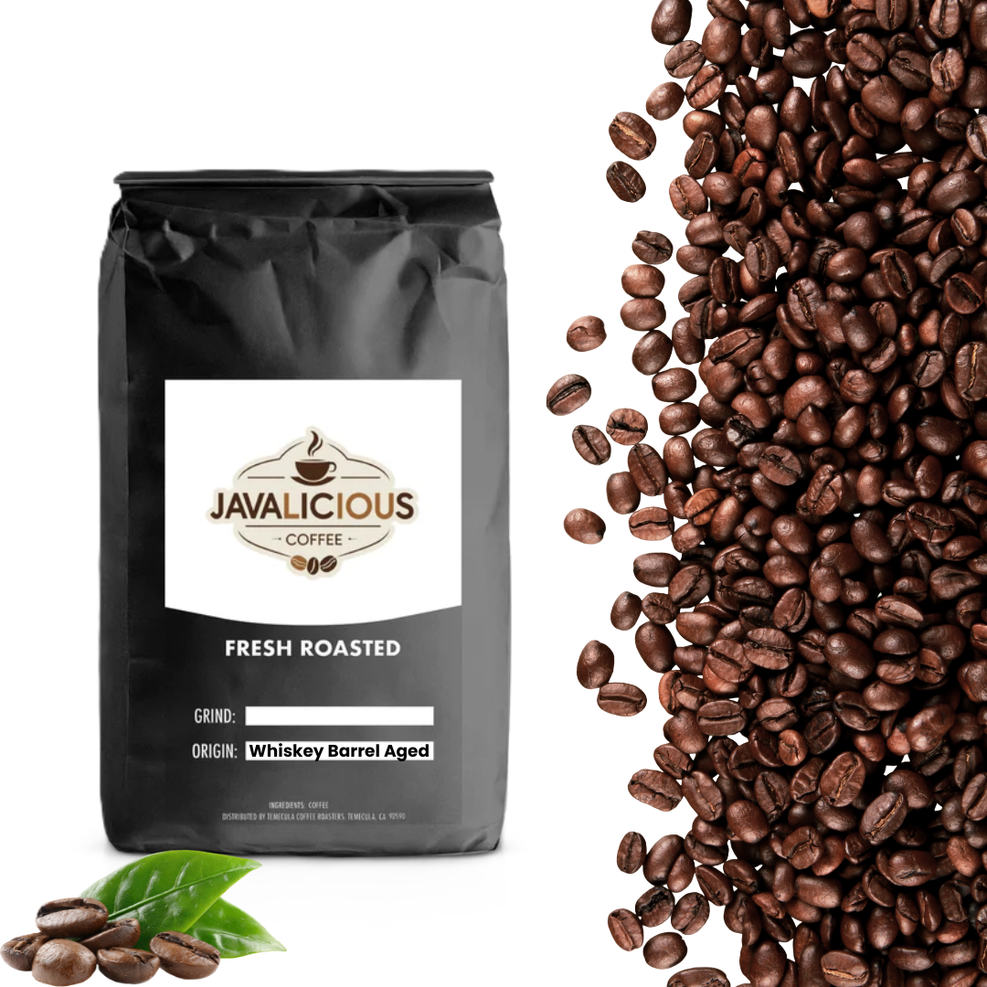 Javalicious Whiskey Barrel Aged Coffee Blend Front Label Packaging