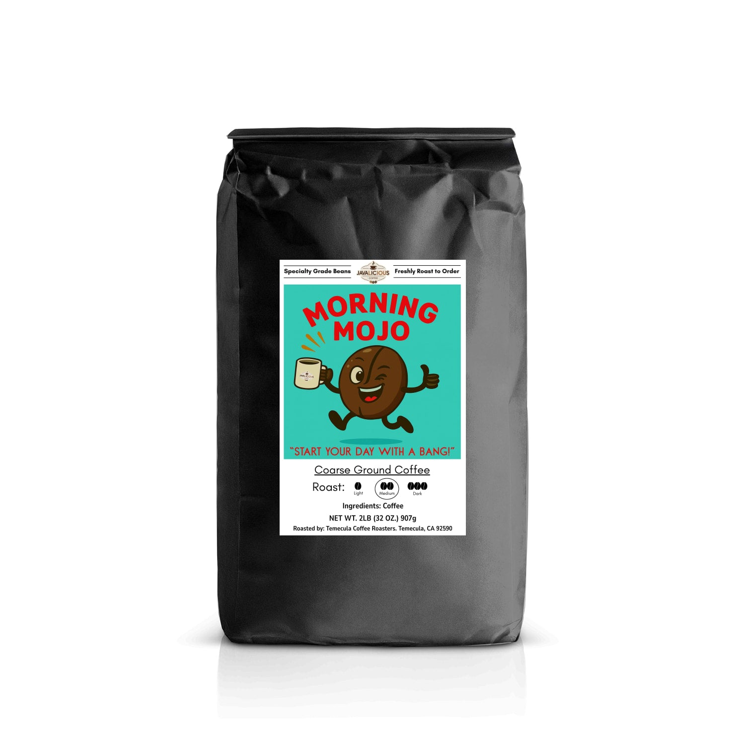 Black coffee bag with 'Morning Mojo' Coarse 2LB label on a white background, front side packaging 