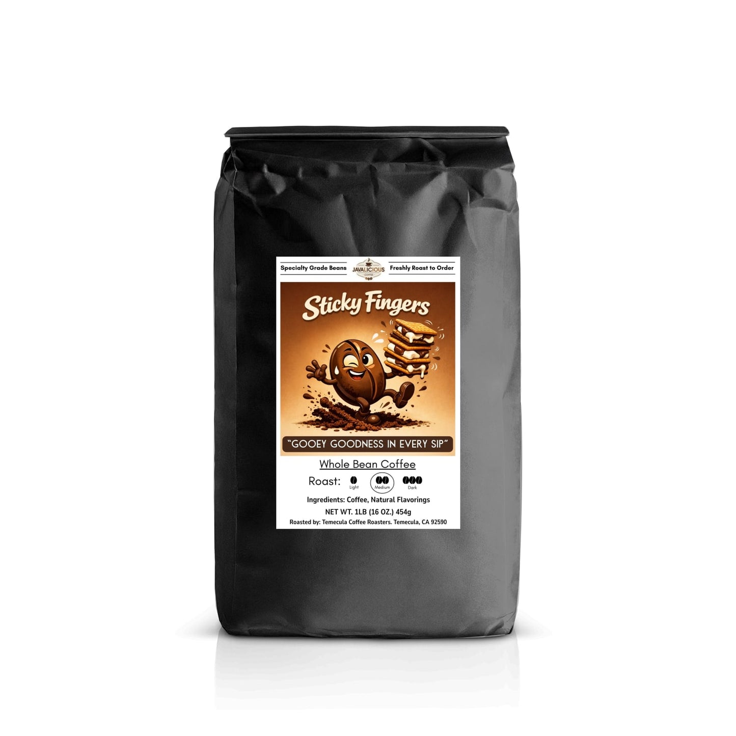 Javalicious Sticky Fingers Whole Bean Coffee 1LB, Front Packaging