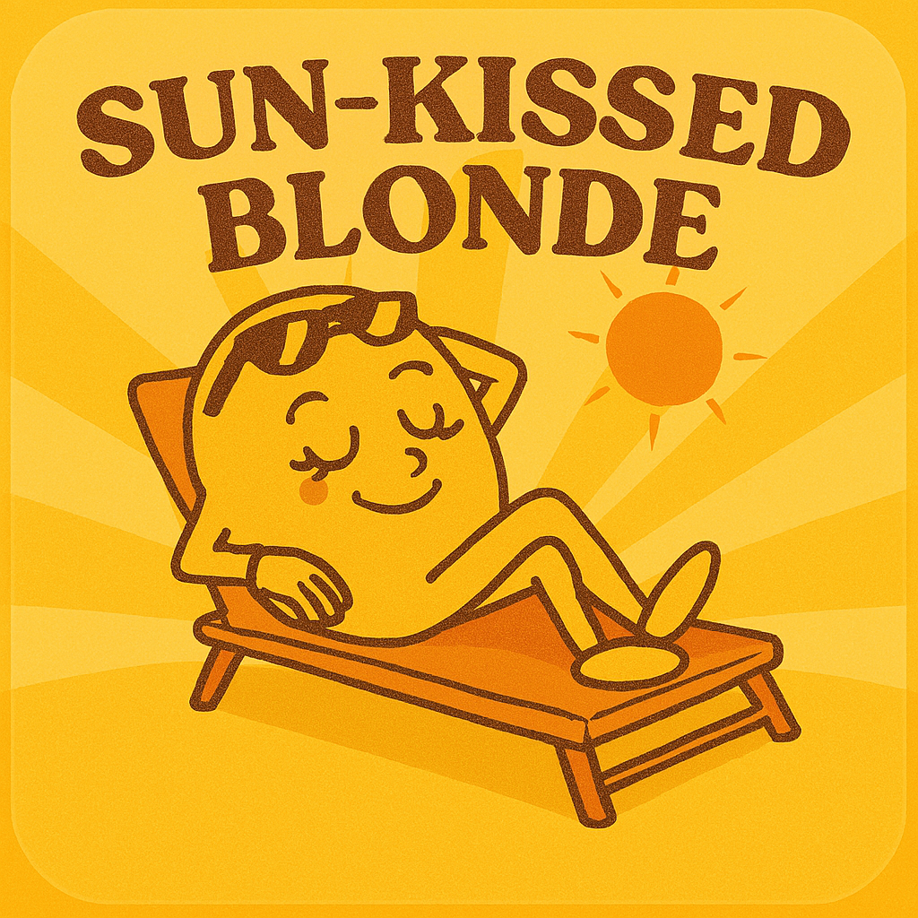 Javalicious label image of a sun-kissed blonde character lying on a beach chair with a sun in the background, text 'SUN-KISSED BLONDE' above.