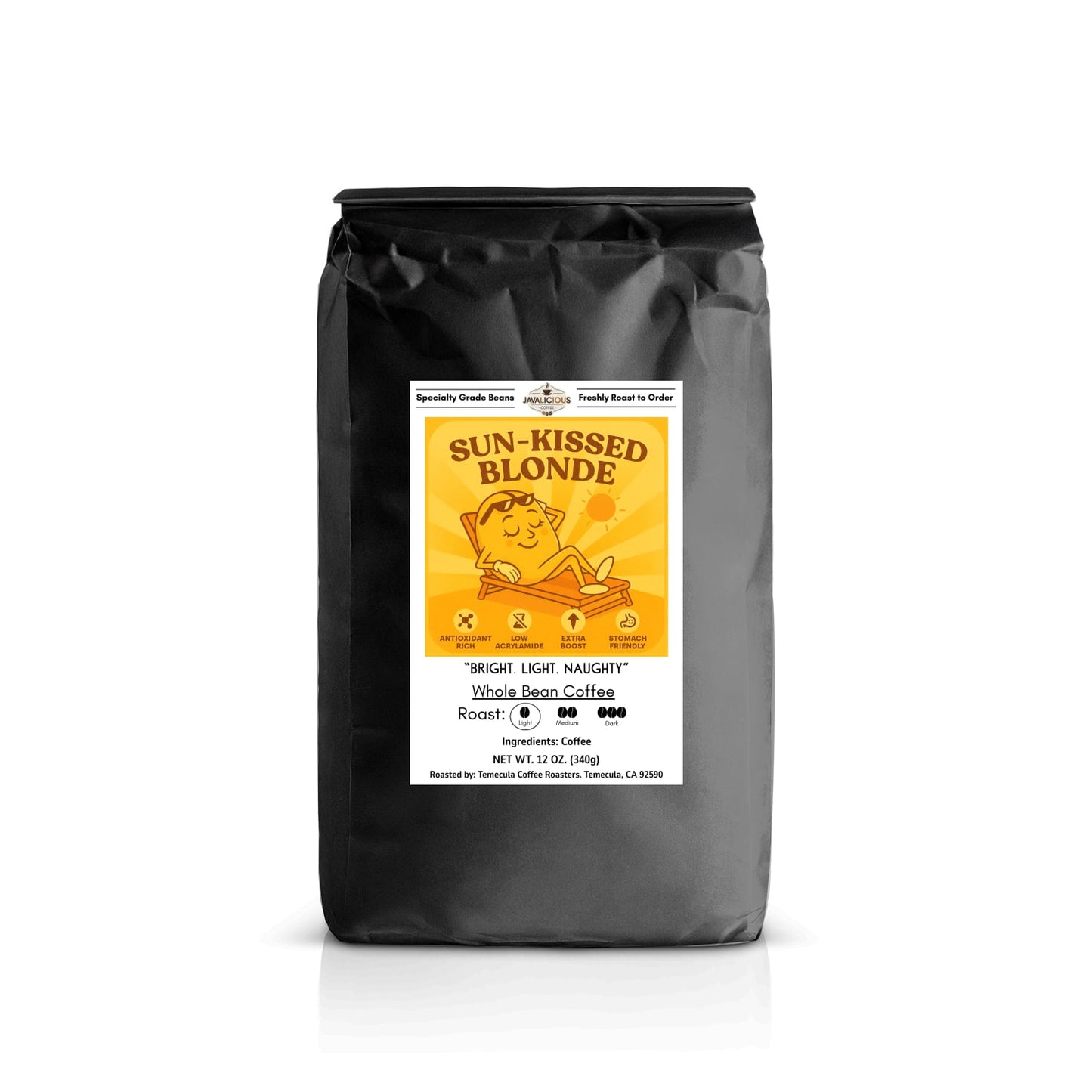 Javalicious Black coffee bag with a yellow sun-kissed blonde label, front packaging